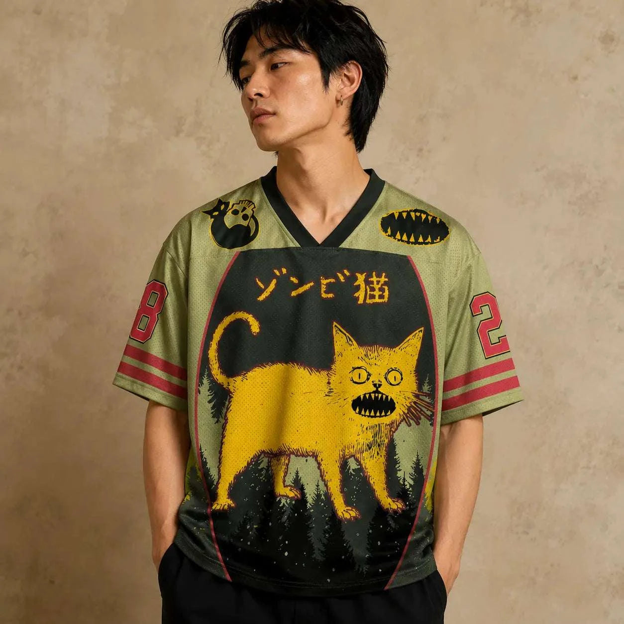 Japanese Cat Football Shirt Olive Green Zombie Neko Forest 28 Chaosbornwear