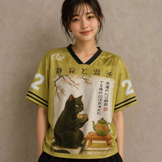 Japanese Cat Football Shirt Olive Yellow Tea Ceremony Cat 22 Chaosbornwear