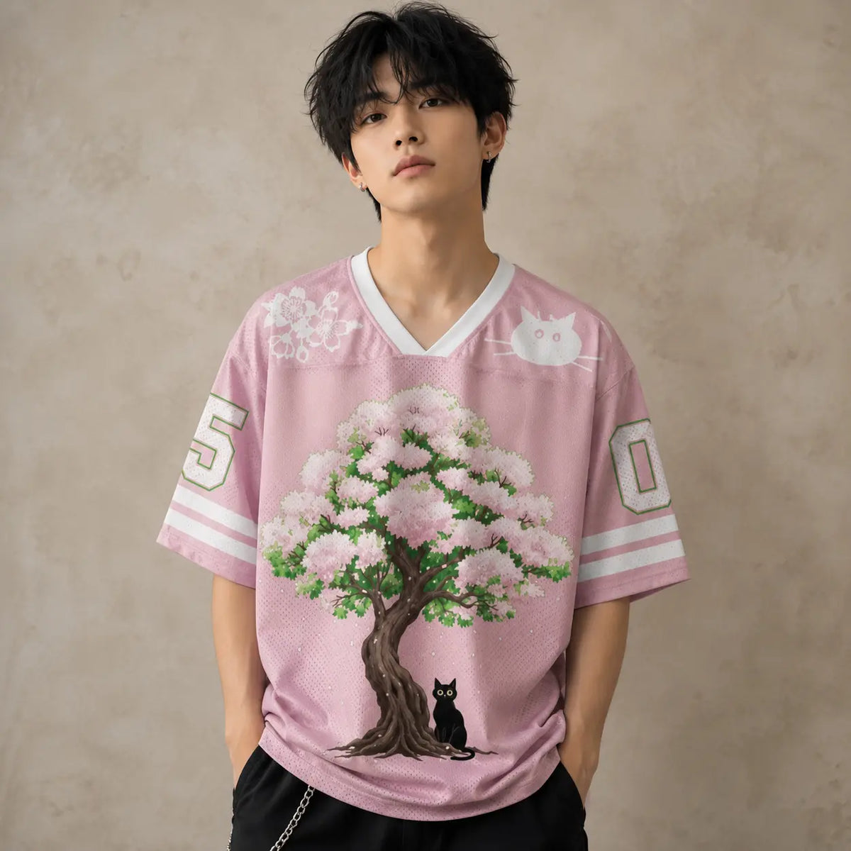 Japanese Cat Football Shirt Pink Sakura Black Cat Tree 05 Chaosbornwear