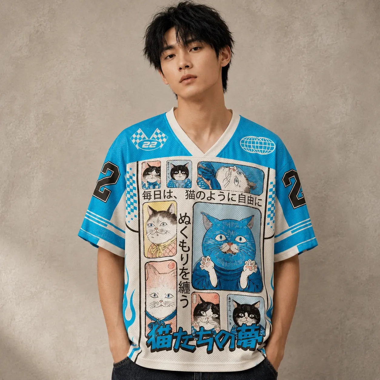 Japanese Cat Football Shirt Sky Blue Tokyo Neko Dream Chaosbornwear