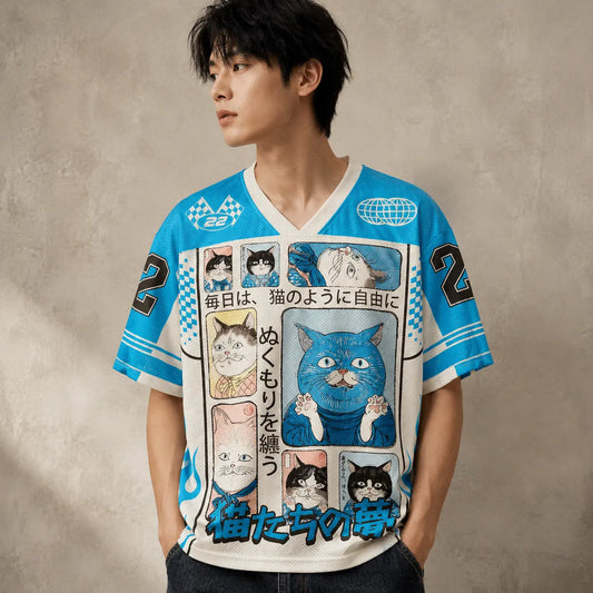 Japanese Cat Football Shirt Sky Blue Tokyo Neko Dream Chaosbornwear