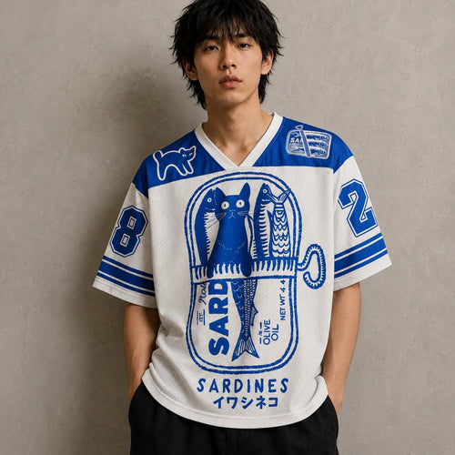 Japanese Cat Football Shirt White Blue Sardine Neko 28 Chaosbornwear