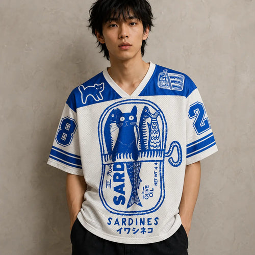 Japanese Cat Football Shirt White Blue Sardine Neko 28 Chaosbornwear