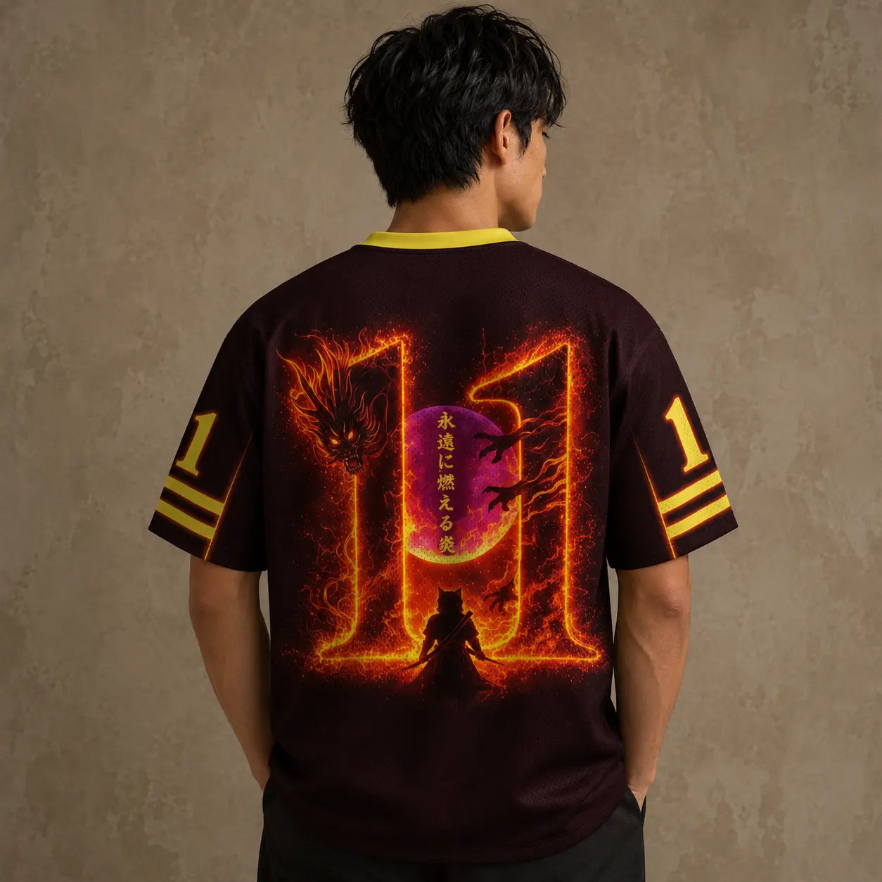Japanese Dragon Football Shirt Dark Maroon Fire Eternal Flame Chaosbornwear