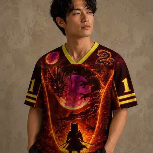 Japanese Dragon Football Shirt Dark Maroon Fire Eternal Flame Chaosbornwear