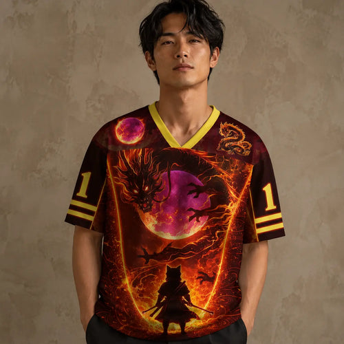 Japanese Dragon Football Shirt Dark Maroon Fire Eternal Flame Chaosbornwear