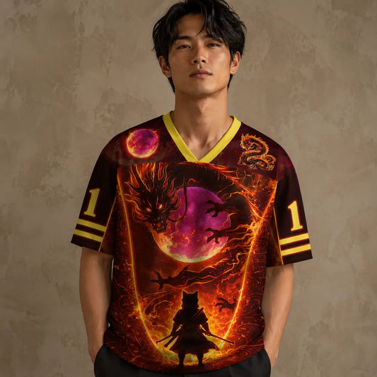 Japanese Dragon Football Shirt Dark Maroon Fire Eternal Flame Chaosbornwear
