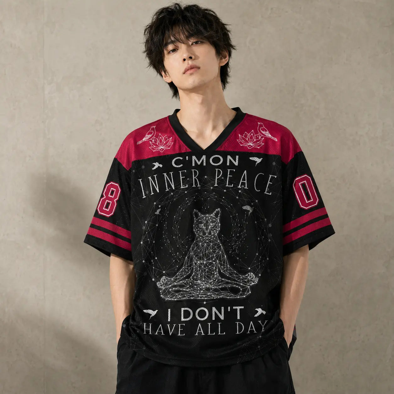 Japanese Football Shirt Black Red Inner Peace Cat Zen 08 Chaosbornwear