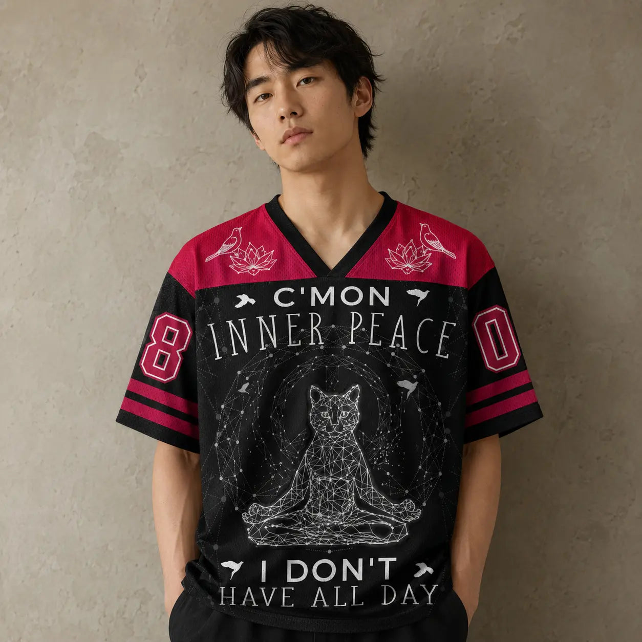 Japanese Football Shirt Black Red Inner Peace Cat Zen 08 Chaosbornwear