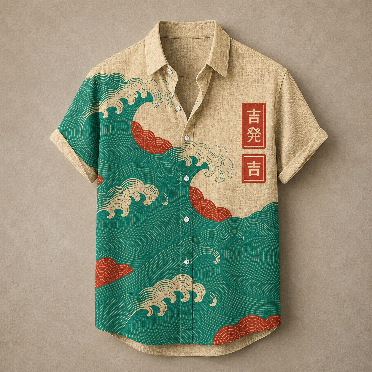 A short-sleeve button-up shirt with a beige linen-textured base, featuring a large teal and cream wave print with red accents, and two red vertical boxes with gold Japanese characters on the left chest, displayed flat against a neutral taupe background.