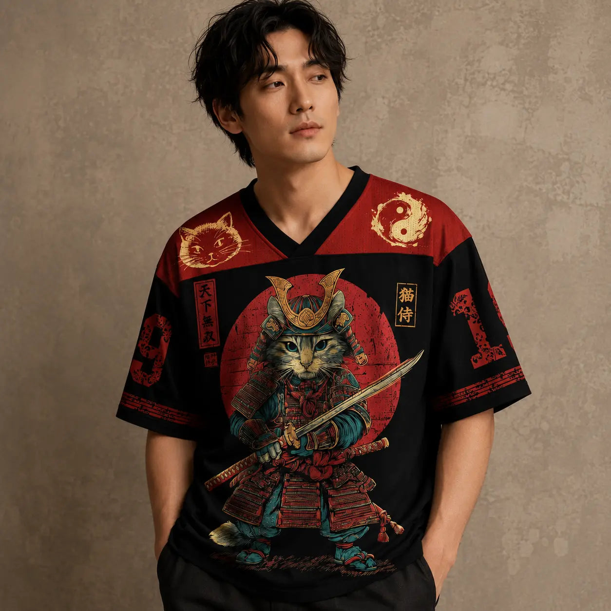 Japanese Samurai Cat Football Shirt Black Soccer Jersey Chaosbornwear