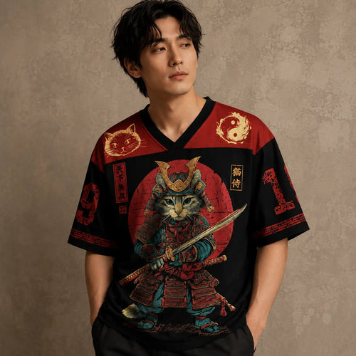 Japanese Samurai Cat Football Shirt Black Soccer Jersey Chaosbornwear