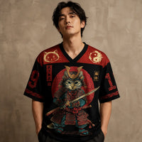 Japanese Samurai Cat Football Shirt Black Soccer Jersey Chaosbornwear