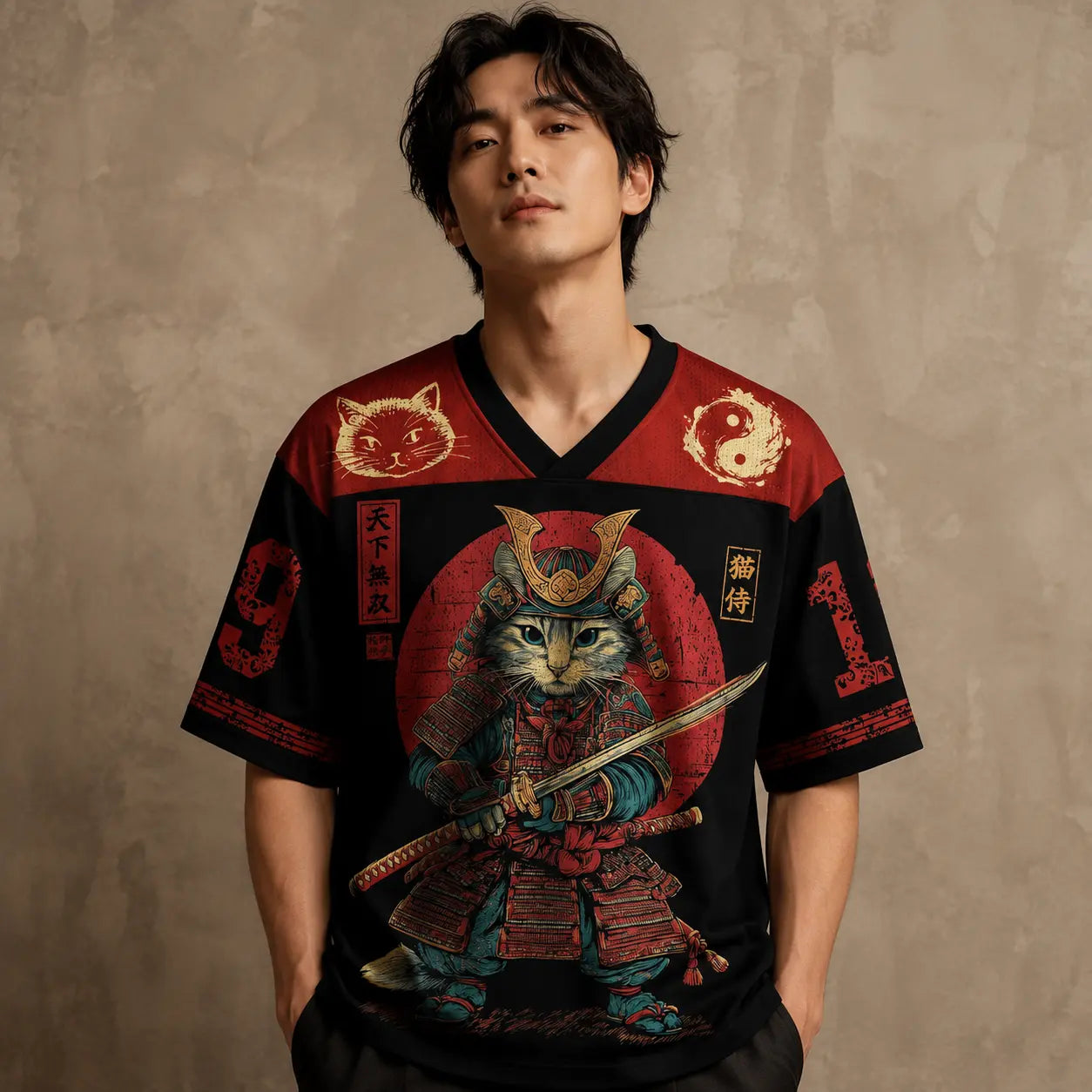 Japanese Samurai Cat Football Shirt Black Soccer Jersey Chaosbornwear