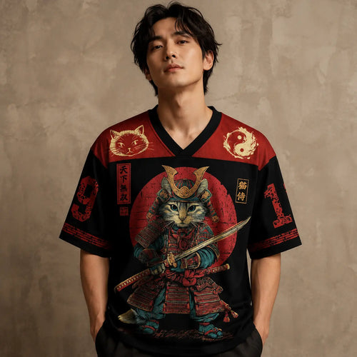 Japanese Samurai Cat Football Shirt Black Soccer Jersey Chaosbornwear