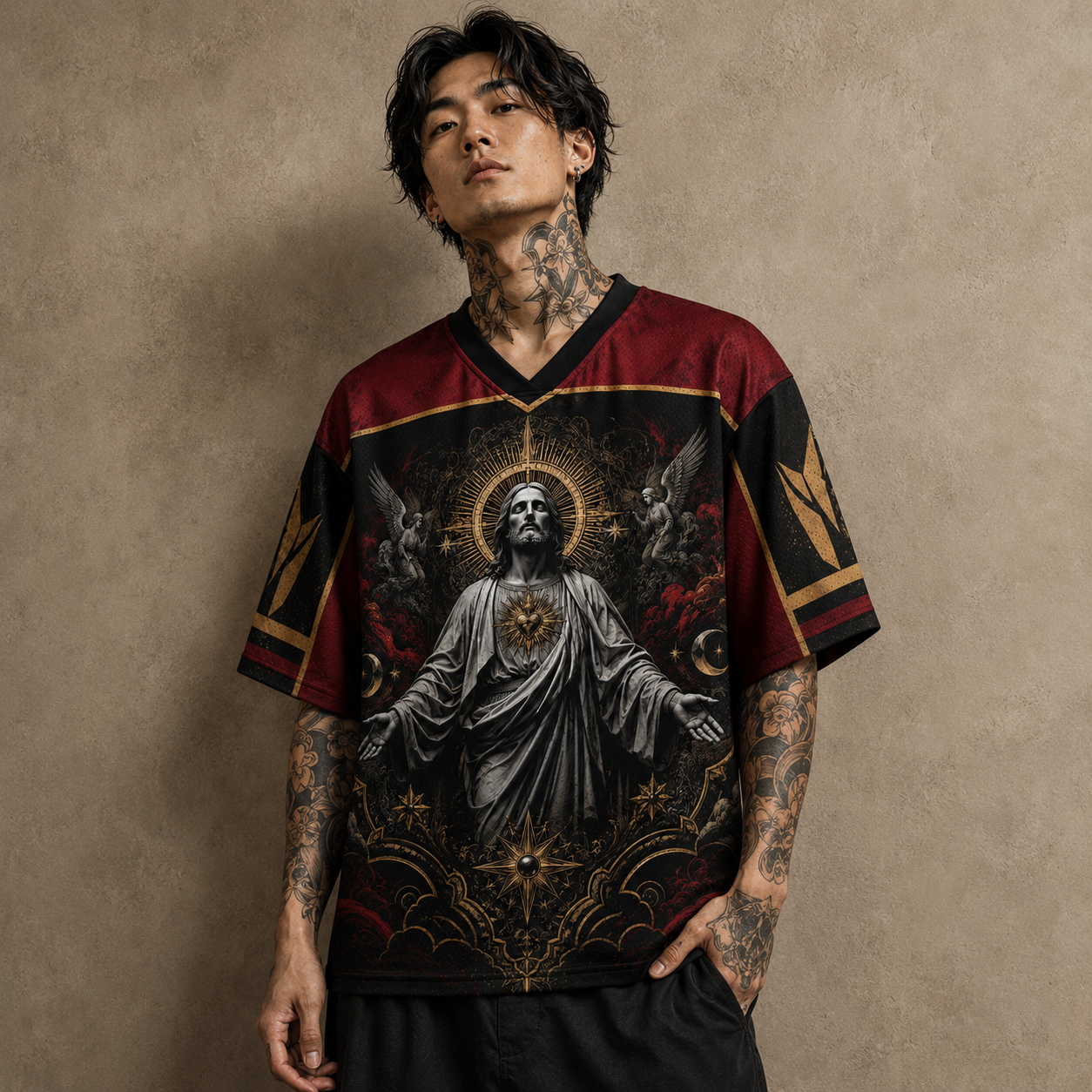 Jesus Jersey Football Shirt Red Baroque Faith Edition Chaosbornwear