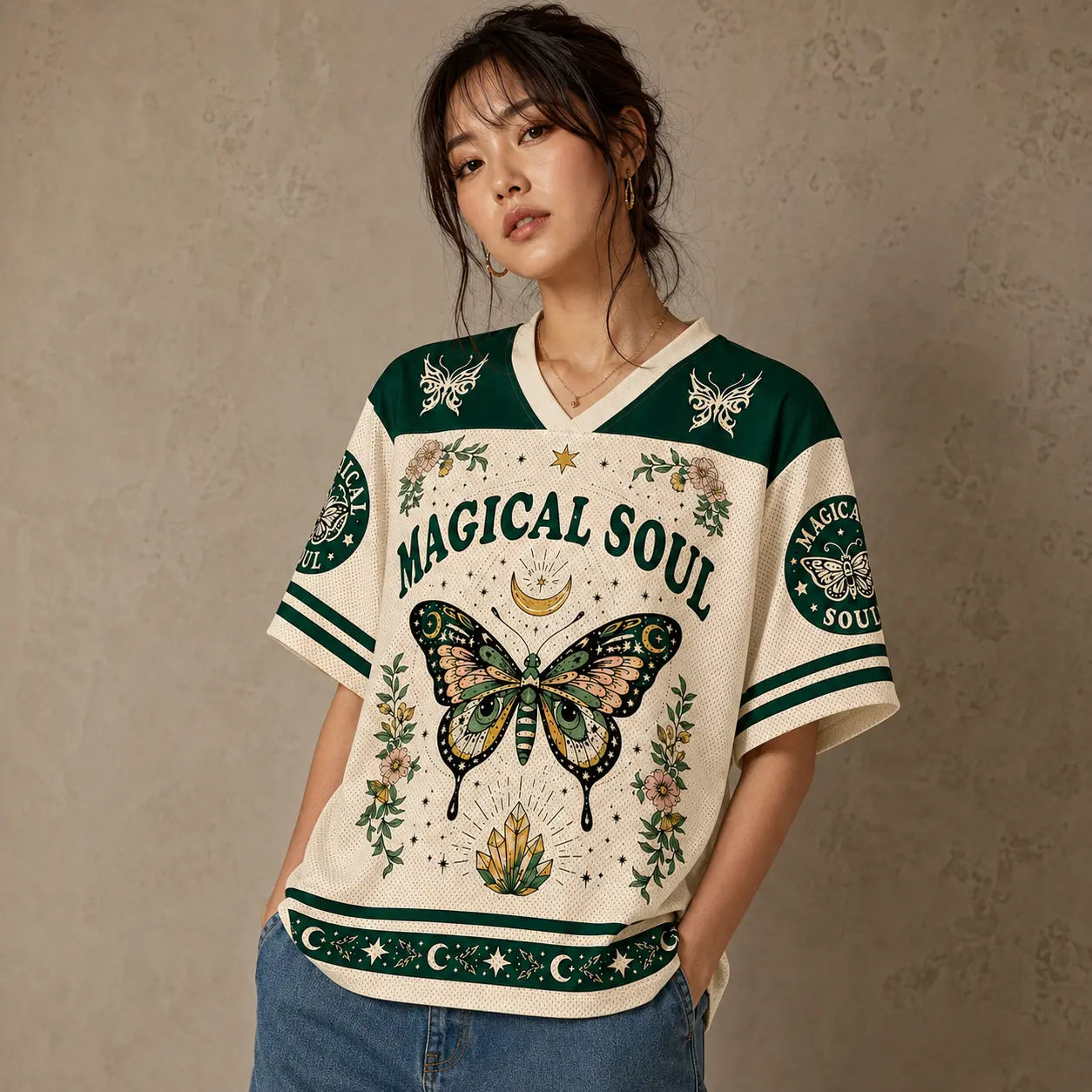 Magical Soul Butterfly Crystal Moon Jersey Shirt Celestial Chaosbornwear