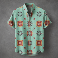 A short-sleeve button-up shirt with a stand collar, featuring a retro geometric pattern in mint green, rust orange, and dark brown on a textured gray background.