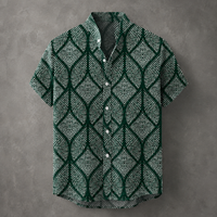 A short-sleeve button-up shirt with a dark green and white geometric leaf pattern, displayed against a textured gray background.