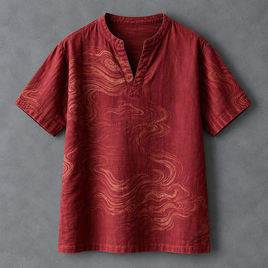 A short-sleeve red linen tunic shirt with a wavy cloud-like pattern in a lighter rust tone, featuring a split neckline, laid flat on a textured gray background.