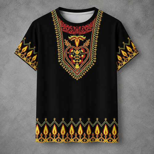 A black short-sleeve t-shirt with an intricate, colorful African dashiki-style print featuring red, yellow, and green patterns on the chest and sleeves, displayed against a textured gray background.