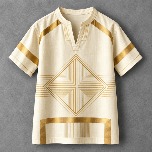 A cream-colored short-sleeve tunic top with gold geometric patterns, displayed flat against a textured gray background.