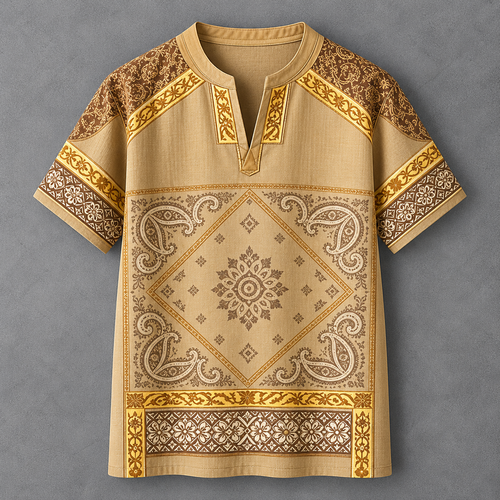A short-sleeve men's tunic shirt with a beige base and intricate brown and gold geometric, paisley, and floral patterns, displayed flat against a textured gray background.