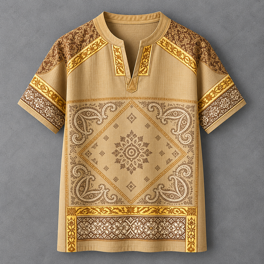 A short-sleeve men's tunic shirt with a beige base and intricate brown and gold geometric, paisley, and floral patterns, displayed flat against a textured gray background.