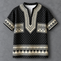 A men's short-sleeve t-shirt with a black base and cream-colored geometric patterns, including a V-neckline, chest pockets, and a horizontal band near the hem, displayed flat against a textured gray background.
