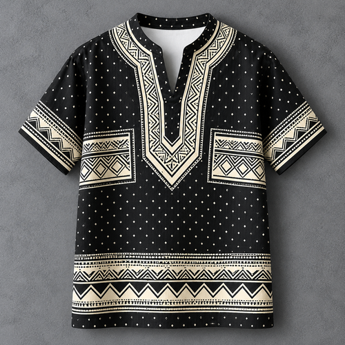 A men's short-sleeve t-shirt with a black base and cream-colored geometric patterns, including a V-neckline, chest pockets, and a horizontal band near the hem, displayed flat against a textured gray background.