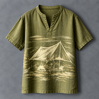 An olive green short-sleeve tunic shirt with a split neckline, featuring a cream-colored graphic print of a beach campsite with a tent and lounge chairs, laid flat against a textured gray background.