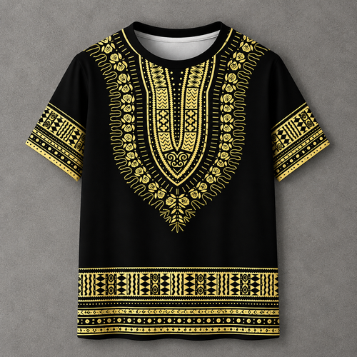 A black short-sleeve t-shirt with an all-over gold African dashiki pattern, featuring a V-neckline, patterned sleeves, and a decorative border at the bottom, displayed flat against a textured gray background.