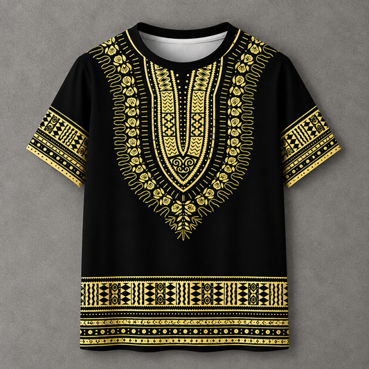 A black short-sleeve t-shirt with an all-over gold African dashiki pattern, featuring a V-neckline, patterned sleeves, and a decorative border at the bottom, displayed flat against a textured gray background.