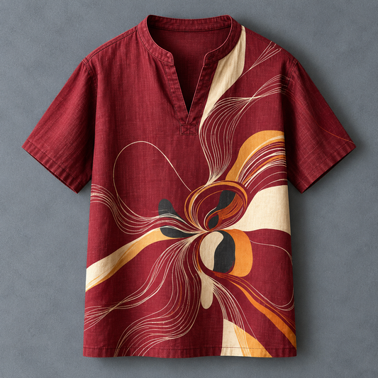 A short-sleeve men's shirt in deep burgundy with an abstract floral pattern in cream, orange, and black, laid flat against a textured gray background.
