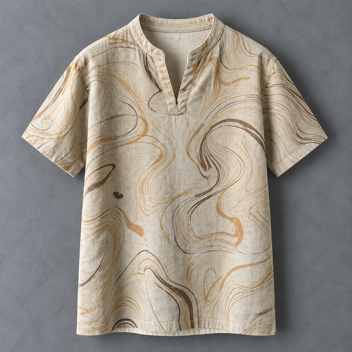 A short-sleeve linen tunic shirt with a split collar, featuring an abstract marbled pattern in beige, brown, and tan on a textured gray background.