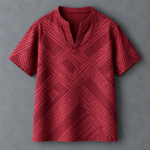 A red short-sleeve men's t-shirt with a textured geometric diagonal stripe pattern, featuring a split mandarin collar and a button placket, laid flat on a gray background.