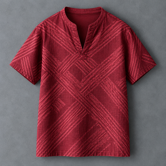 A red short-sleeve men's t-shirt with a textured geometric diagonal stripe pattern, featuring a split mandarin collar and a button placket, laid flat on a gray background.