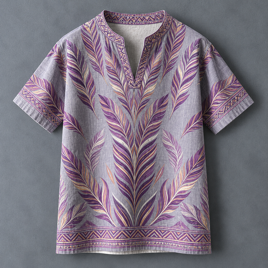 A short-sleeve linen tunic shirt in light gray with a purple, pink, and beige feather pattern and geometric border details, displayed flat against a dark gray background.