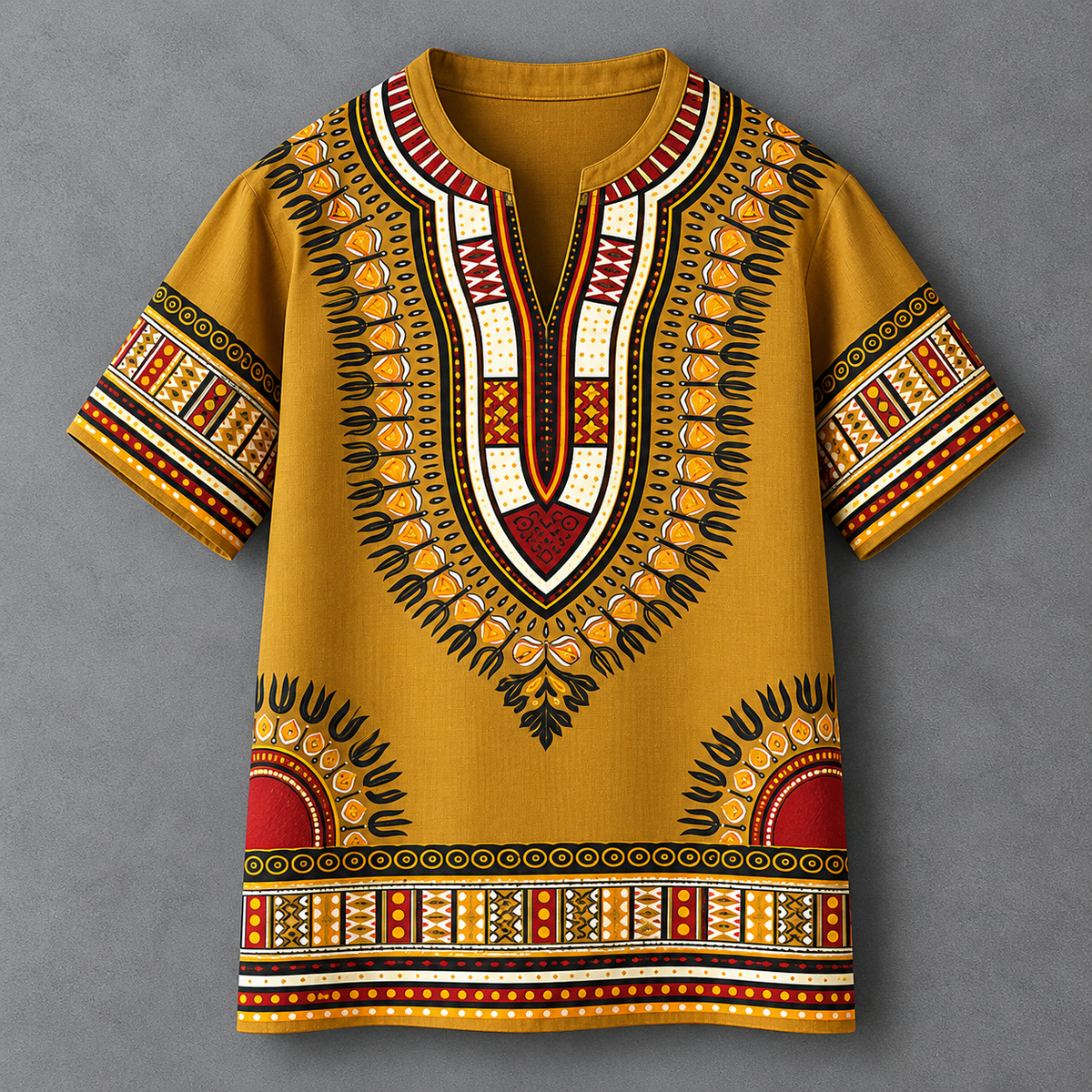 A mustard yellow short-sleeve t-shirt with a detailed African dashiki print in red, black, white, and orange, displayed flat against a textured gray background.