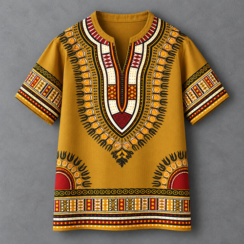 A mustard yellow short-sleeve t-shirt with a detailed African dashiki print in red, black, white, and orange, displayed flat against a textured gray background.