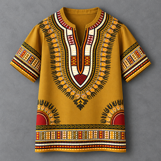 A mustard yellow short-sleeve t-shirt with a detailed African dashiki print in red, black, white, and orange, displayed flat against a textured gray background.