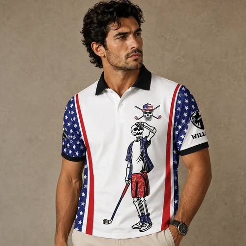 Mens Golf Shirt USA Flag Skeleton Golfer Polo Shirt Chaosborn