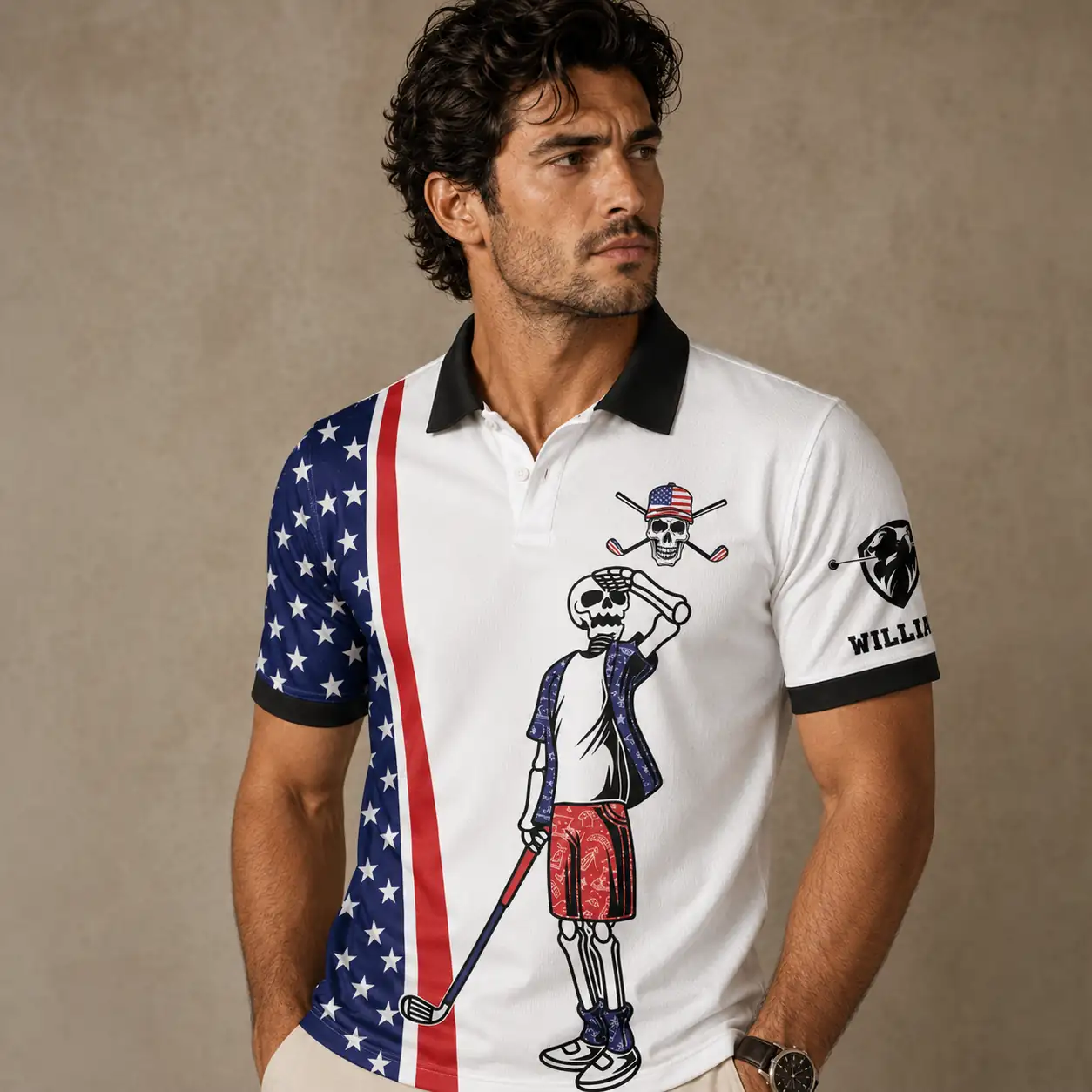 Mens Golf Shirt USA Flag Skeleton Golfer Polo Shirt Chaosborn