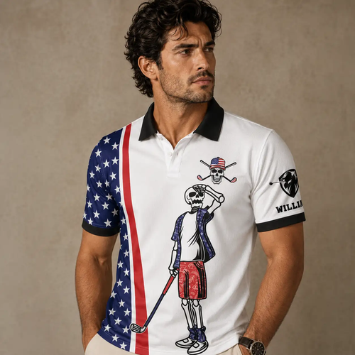 Mens Golf Shirt USA Flag Skeleton Golfer Polo Shirt Chaosborn