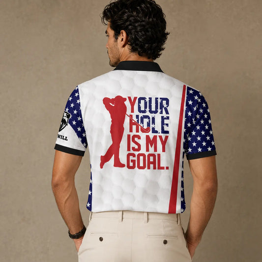 Man wearing a shirt with a golf-themed design and text on the back.