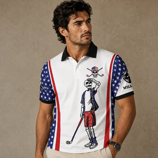 Man wearing a polo shirt with American flag design and graphic of a skeleton golfer.