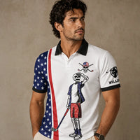 Man wearing a polo shirt with American flag design and graphic elements on a beige background