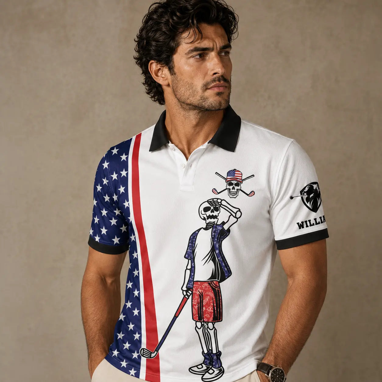 Man wearing a polo shirt with American flag design and graphic elements on a beige background
