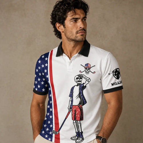 Man wearing a polo shirt with American flag design and graphic elements on a beige background