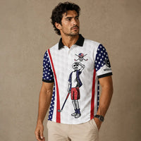 Man wearing a polo shirt with American flag design and graphic of a skeleton playing golf.